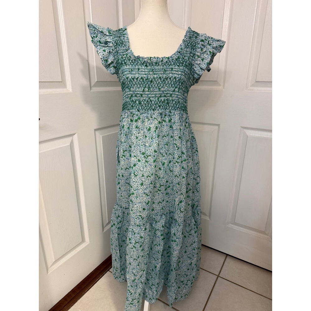 Tuckernuck Blue Green Hydrangea Floral Smocked Maxi Dress Cotton Pockets Large